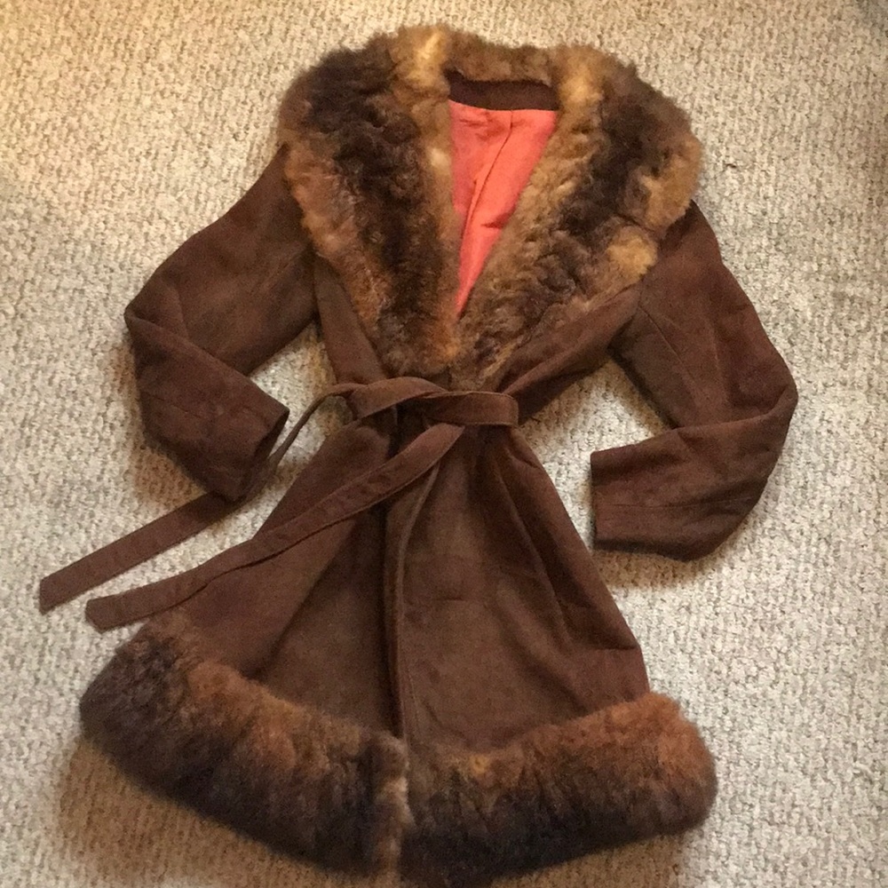 Vintage Brown Leather Peacoat with Furry Trim